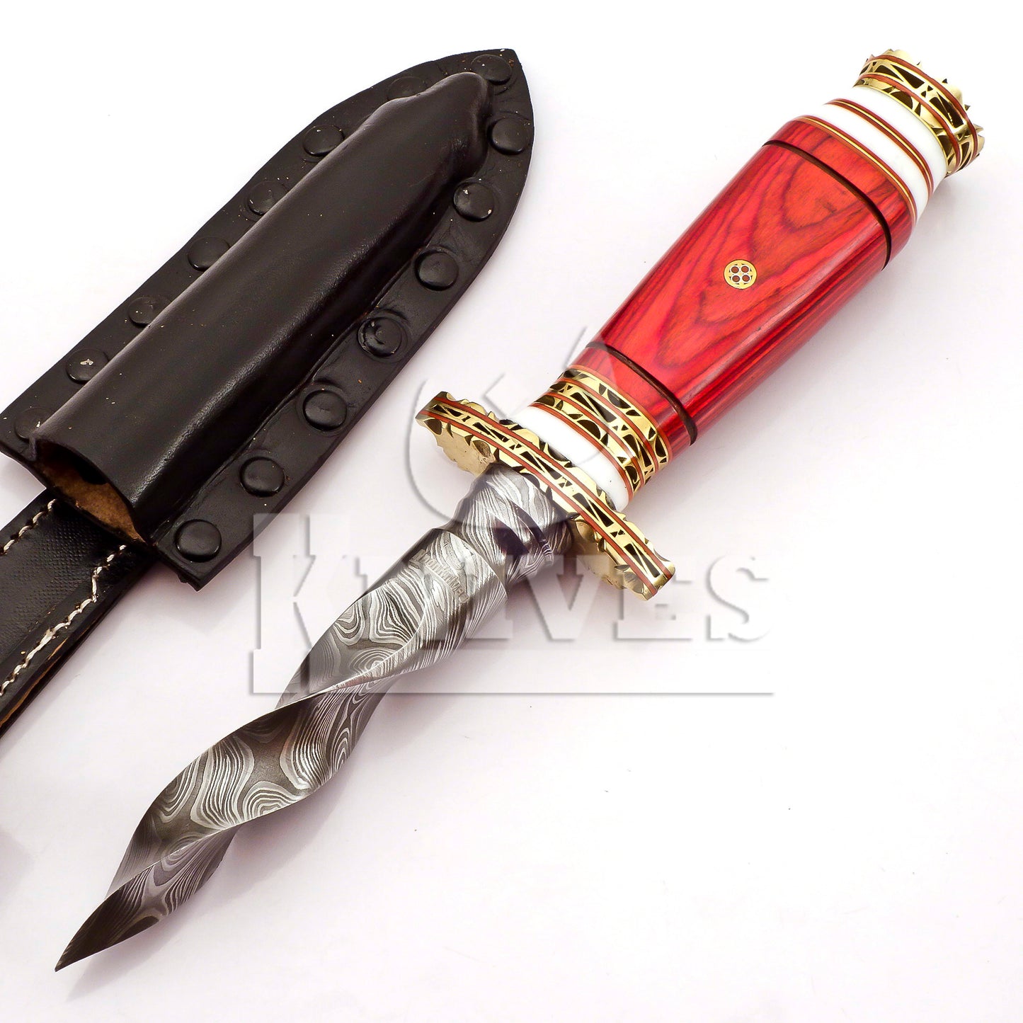 Damascus Steel Kris Dagger with Red Pakka Wood Handle