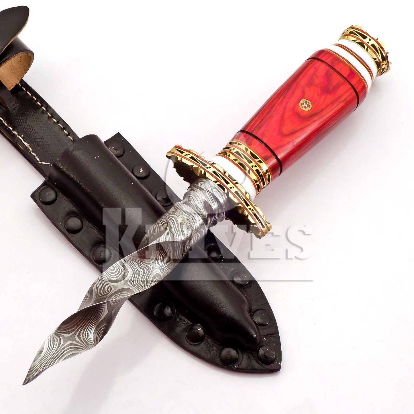 Damascus Steel Kris Dagger with Red Pakka Wood Handle