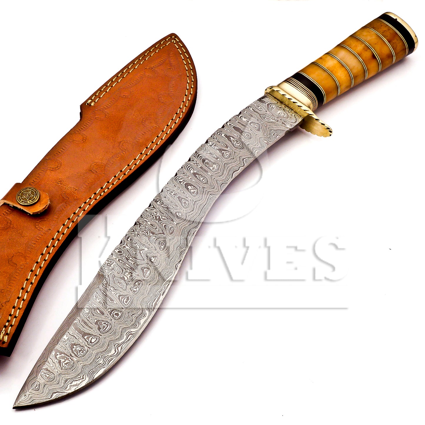 Damascus Steel Kukri knife with wood handle.