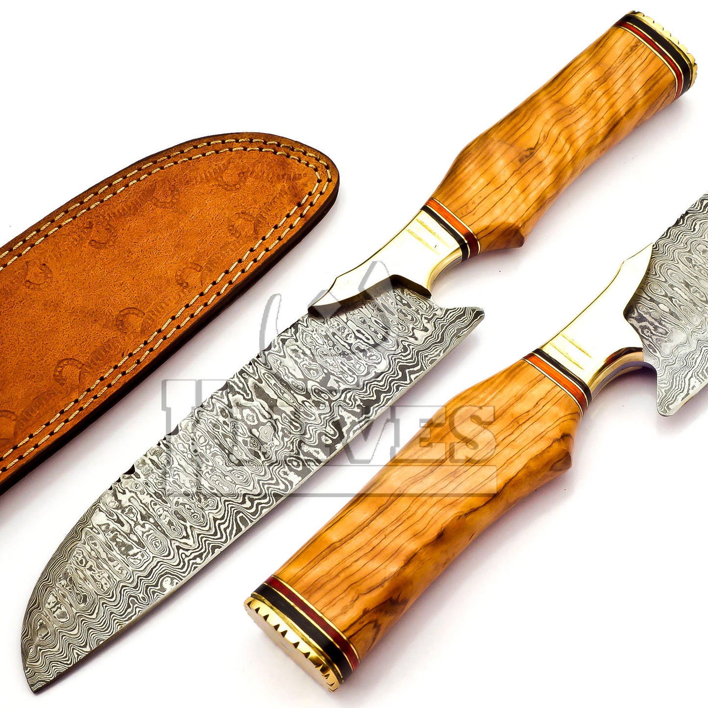 Handmade Damascus steel chef knife olive wood handle & leather sheath