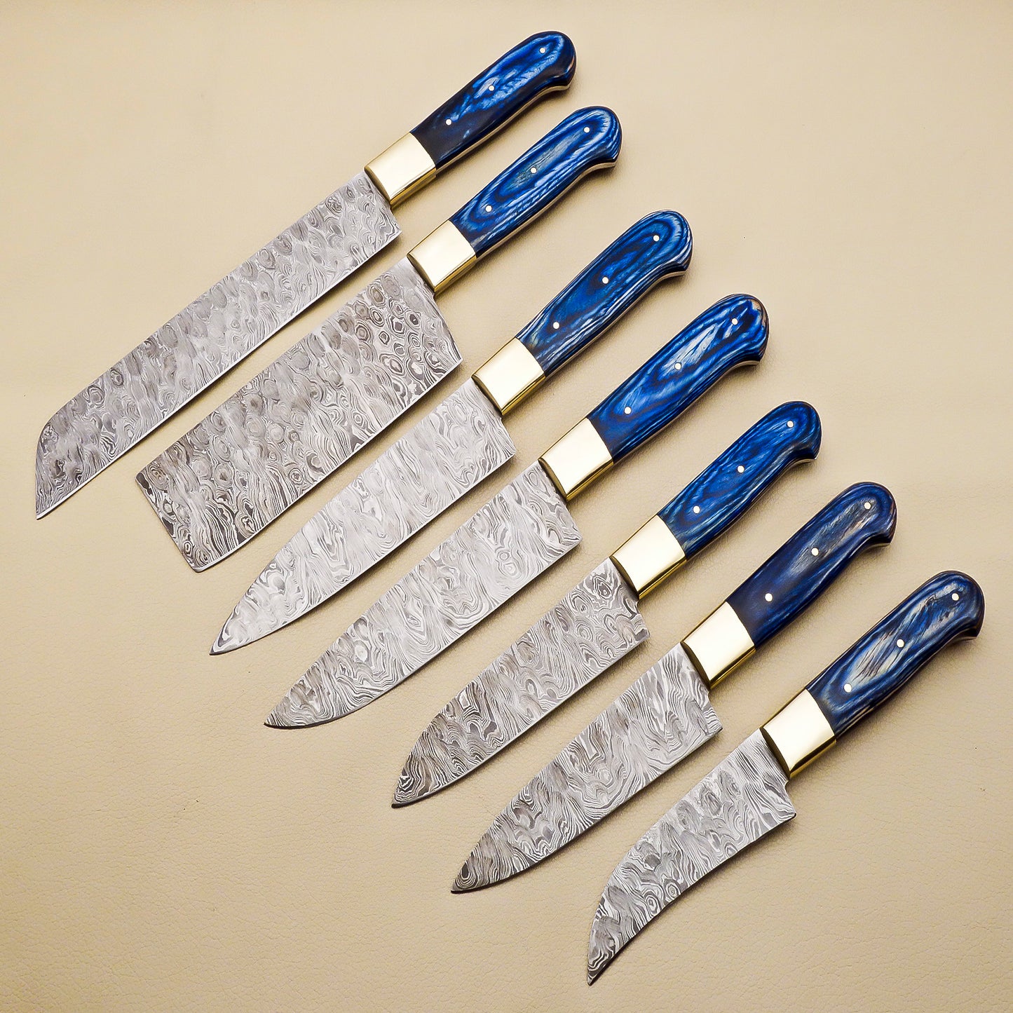 Damascus Steel Kitchen / Chef Knives set with Blue Pakka Wood