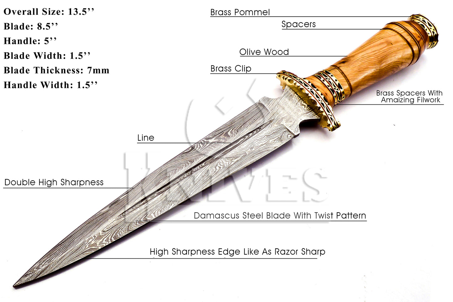 Damascus Steel Dagger with Olive Wood Handle