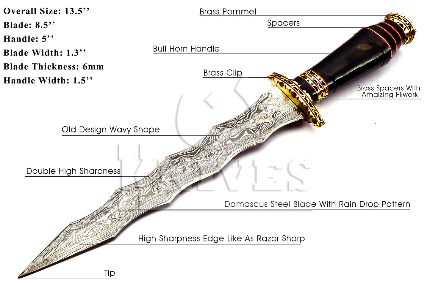 Damascus Steel Wavy Dagger with Bull Horn Handle