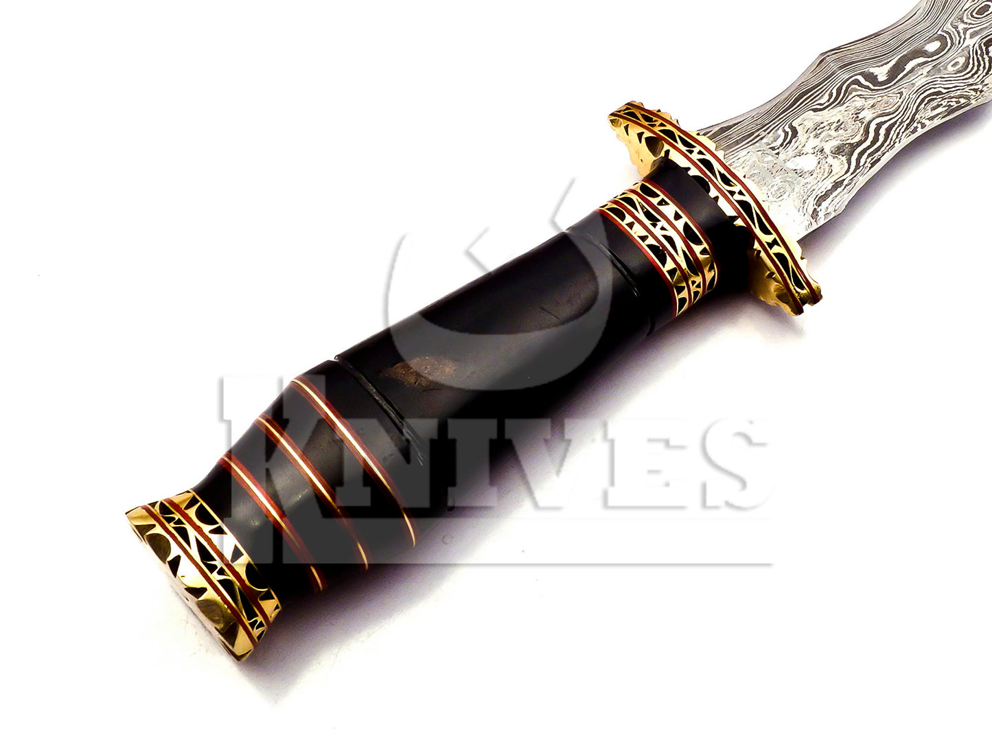 Damascus Steel Wavy Dagger with Bull Horn Handle